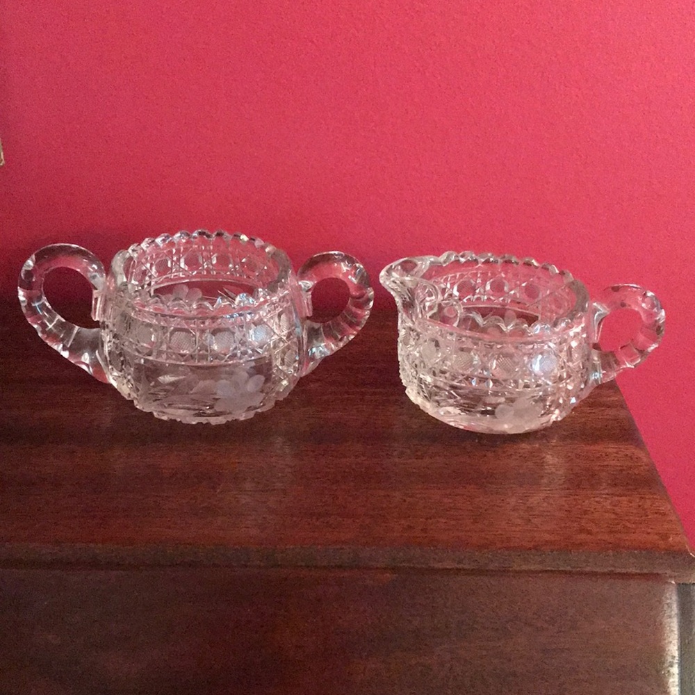 Antique Creamer and Sugar Bowl Pressed Etched Glass Floral Diamond Patte…